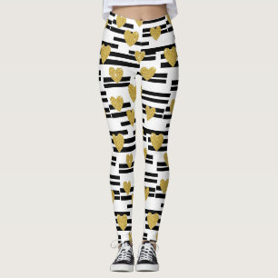Schwarz Weiße Streifen Gold Herzen Muster Leggings