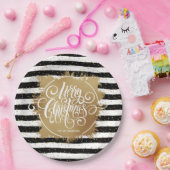 Schwarz-weiße Streifen Gold Imitate Fossil Weihnac Pappteller (Party)