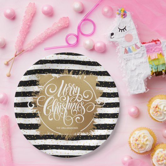 Schwarz-weiße Streifen Gold Imitate Fossil Weihnac Pappteller (Party)