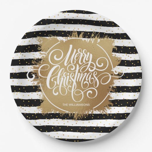 Schwarz-weiße Streifen Gold Imitate Fossil Weihnac Pappteller (Vorderseite)