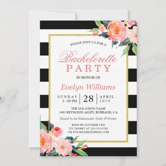 Schwarz-weiße Streifen Gold Junggeselinnen-Abschie Einladung (Vorderseite)