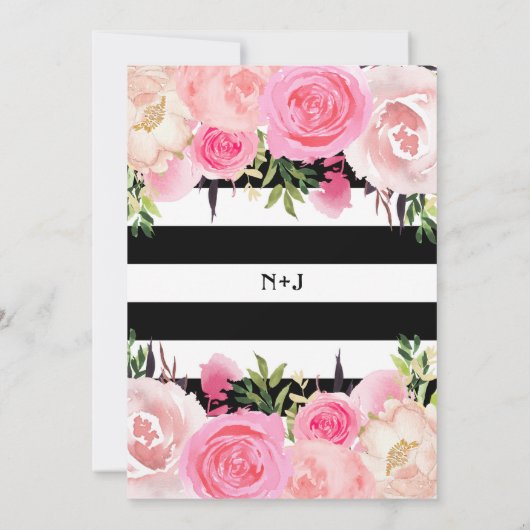 Schwarz-weiße Streifen Gold Rosa Brautparty Einladung (Rückseite)