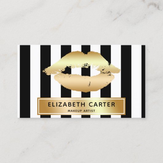 Schwarz-weiße Streifen Goldlips Make-up-Künstler Visitenkarte (Vorderseite)