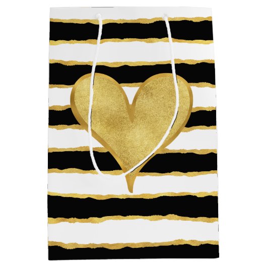 Schwarz-weiße Streifen Herz Mittlere Geschenktüte (Vorderseite)