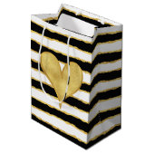 Schwarz-weiße Streifen Herz Mittlere Geschenktüte (Vorderseite Schrägansicht)