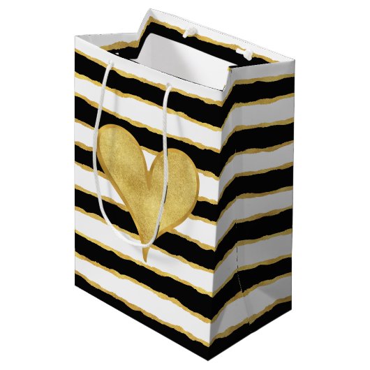 Schwarz-weiße Streifen Herz Mittlere Geschenktüte (Vorderseite Schrägansicht)