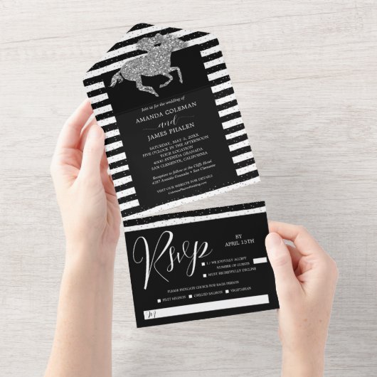 Schwarz-weiße Streifen Hochzeit All In One Einladung (Abreißen)