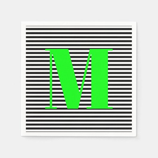 Schwarz-weiße Streifen in Monogramm, neongrün Serviette (Vorderseite)