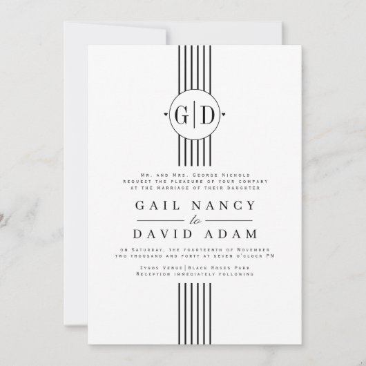 Schwarz-weiße Streifen, Initialen und Hochzeit im Einladung (Vorderseite)