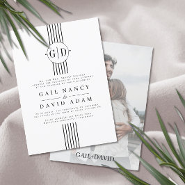 Schwarz-weiße Streifen, Initialen und Hochzeit im  Einladung