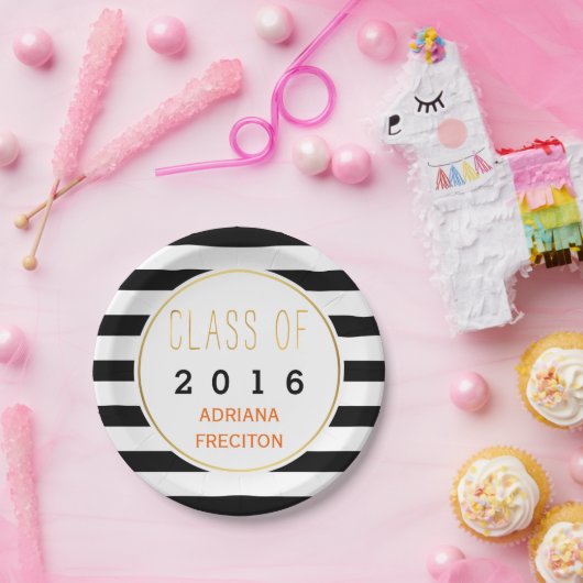 Schwarz-weiße Streifen-Klasse des Abschlusses 2016 Pappteller (Party)