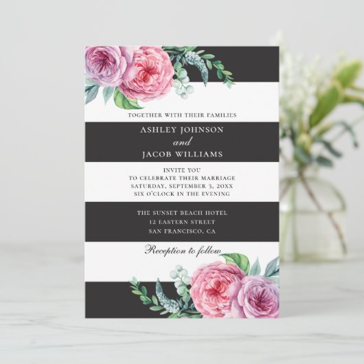 Schwarz-weiße Streifen mit Blumenmuster. Rosa Blum Einladung (Stehend Vorderseite)