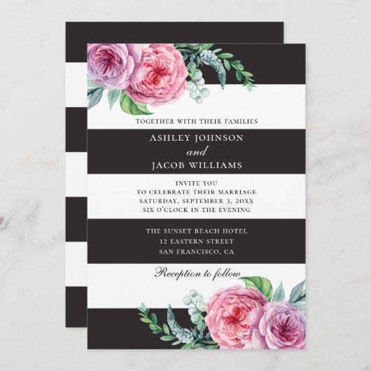 Schwarz-weiße Streifen mit Blumenmuster. Rosa Blum Einladung (Vorne/Hinten)