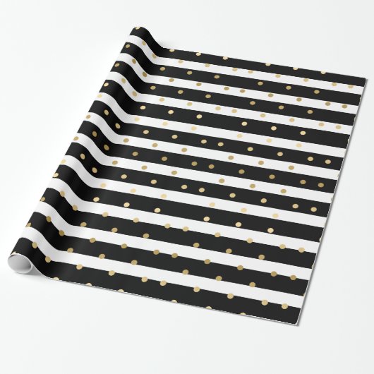 Schwarz-weiße Streifen mit goldenen Polka-Punkten Geschenkpapier (Ungerollt)