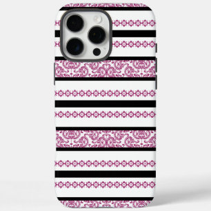 Schwarz-weiße Streifen mit Magenta-Blumenmuster iPhone 16 Pro Max Hülle