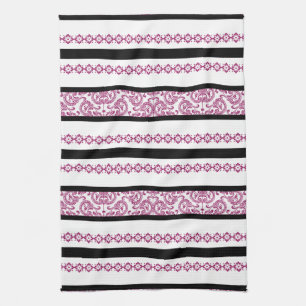 Schwarz-weiße Streifen mit Magenta-Blumenmuster Geschirrtuch