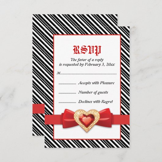 Schwarz-weiße Streifen mit rotem Juwel Hochzeit RS RSVP Karte (Vorne/Hinten)
