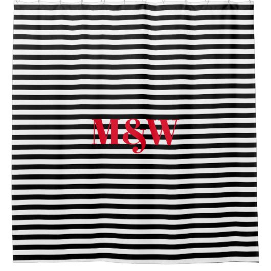 Schwarz-weiße Streifen mit roten Initialen des Paa Duschvorhang (Vorderseite)
