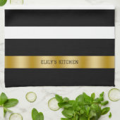 Schwarz-weiße Streifen Muster Gold Akzente Akzent Geschirrtuch (Gefaltet)