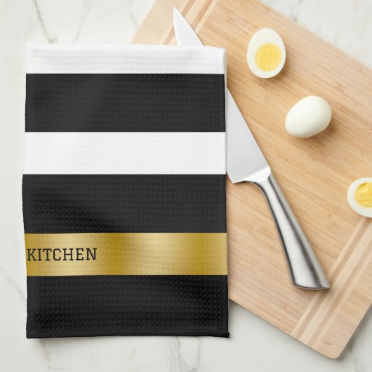 Schwarz-weiße Streifen Muster Gold Akzente Akzent Geschirrtuch (Viertel Falte)