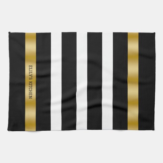 Schwarz-weiße Streifen Muster Gold Akzente Akzent Geschirrtuch (Horizontal)
