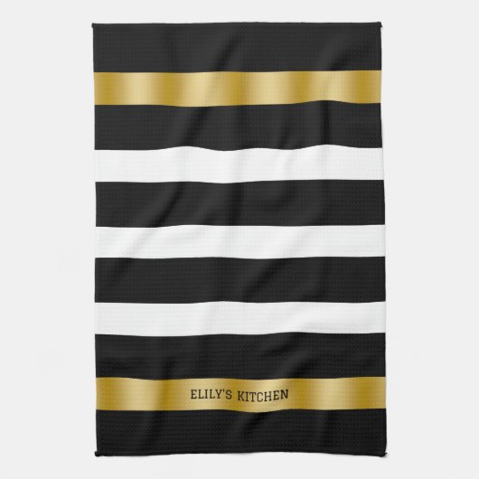 Schwarz-weiße Streifen Muster Gold Akzente Akzent Geschirrtuch (Vertikal)