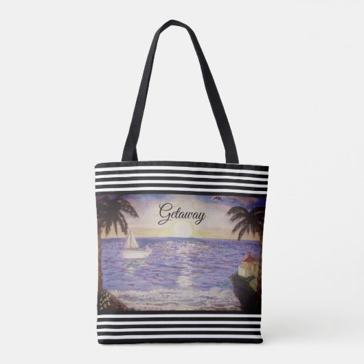 Schwarz-weiße Streifen & Ocean Beach Landschaft Tasche (Rückseite)