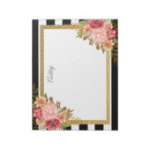 Schwarz-weiße Streifen Pink Gold Floral Notizblock (Rotiert)