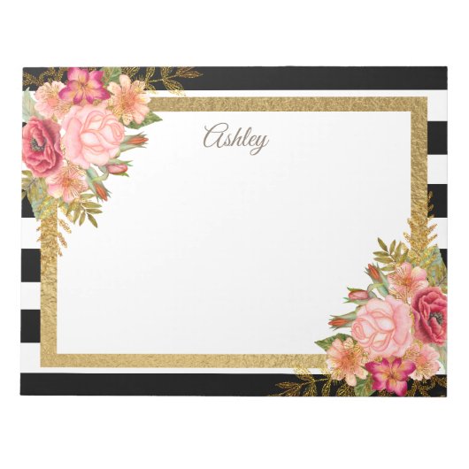 Schwarz-weiße Streifen Pink Gold Floral Notizblock (Vorderseite)