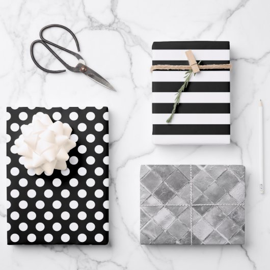 Schwarz-weiße Streifen Polka Dots Silberfolie Geschenkpapier Set (Vorderseite)