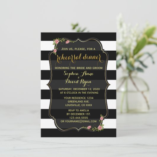 Schwarz-weiße Streifen Probe Abendessen einladen Einladung (Stehend Vorderseite)
