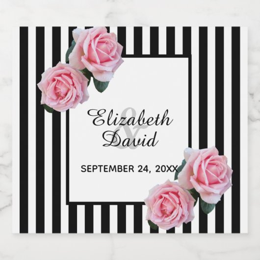 Schwarz-weiße Streifen rosa Blume Rose Hochzeit Schaumweinetikett (Einzelnes Label)