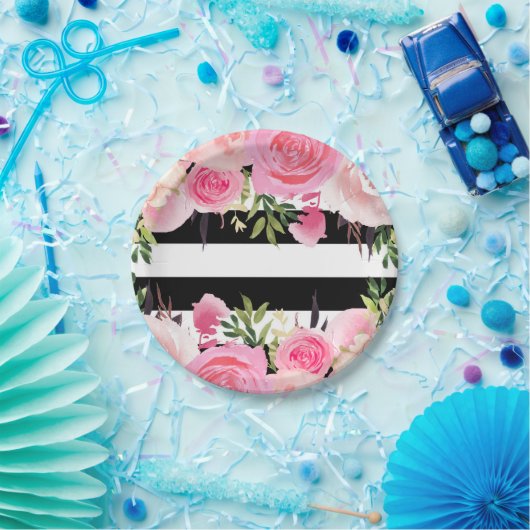 Schwarz-weiße Streifen Rosa Brautparty Pappteller (Party)