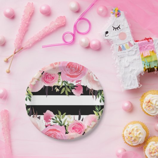 Schwarz-weiße Streifen Rosa Brautparty Pappteller (Party)