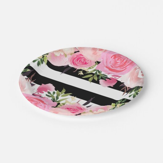 Schwarz-weiße Streifen Rosa Brautparty Pappteller (Schrägansicht)