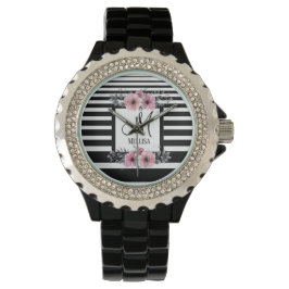 Schwarz-weiße Streifen Rosa Floral Monogramm Armbanduhr