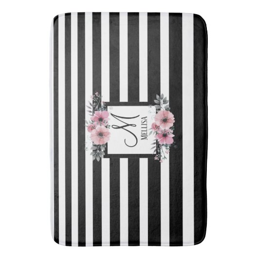 Schwarz-weiße Streifen Rosa Floral Monogramm Badematte (Vorderseite Vertikal)