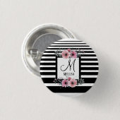 Schwarz-weiße Streifen Rosa Floral Monogramm Button (Vorne & Hinten)