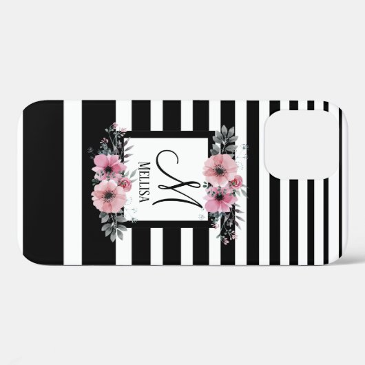 Schwarz-weiße Streifen Rosa Floral Monogramm Case-Mate iPhone Hülle (Rückseite (Horizontal))