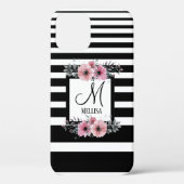 Schwarz-weiße Streifen Rosa Floral Monogramm Case-Mate iPhone Hülle (Rückseite)