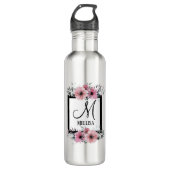 Schwarz-weiße Streifen Rosa Floral Monogramm Edelstahlflasche (Vorderseite)