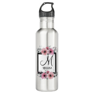 Schwarz-weiße Streifen Rosa Floral Monogramm Edelstahlflasche
