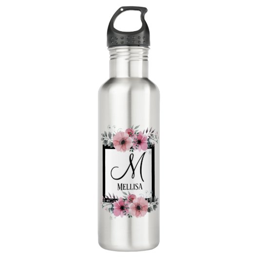 Schwarz-weiße Streifen Rosa Floral Monogramm Edelstahlflasche (Vorderseite)