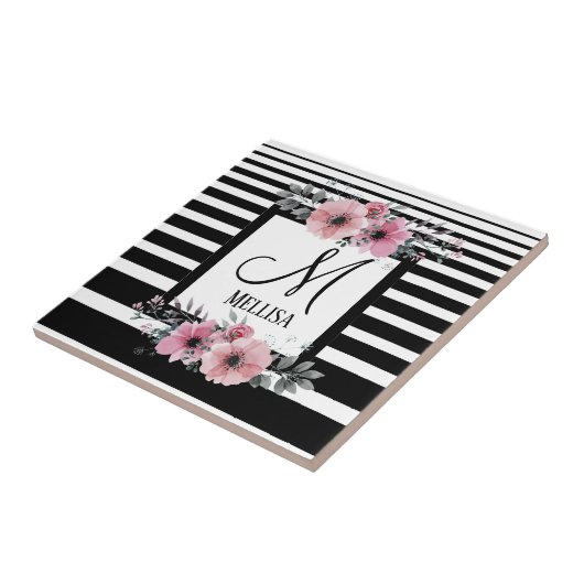 Schwarz-weiße Streifen Rosa Floral Monogramm Fliese (Seite)