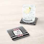 Schwarz-weiße Streifen Rosa Floral Monogramm Getränkeuntersetzer (Rechte Seite)