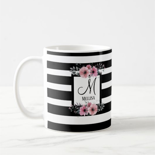Schwarz-weiße Streifen Rosa Floral Monogramm Kaffeetasse (Links)