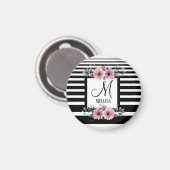 Schwarz-weiße Streifen Rosa Floral Monogramm Magnet (Vorderseite/Rückseite)