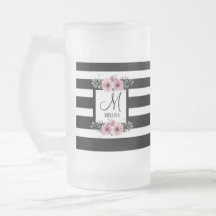 Schwarz-weiße Streifen Rosa Floral Monogramm