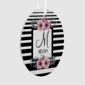 Schwarz-weiße Streifen Rosa Floral Monogramm Ornament (Vorderseite)