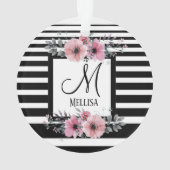 Schwarz-weiße Streifen Rosa Floral Monogramm Ornament (Rückseite)